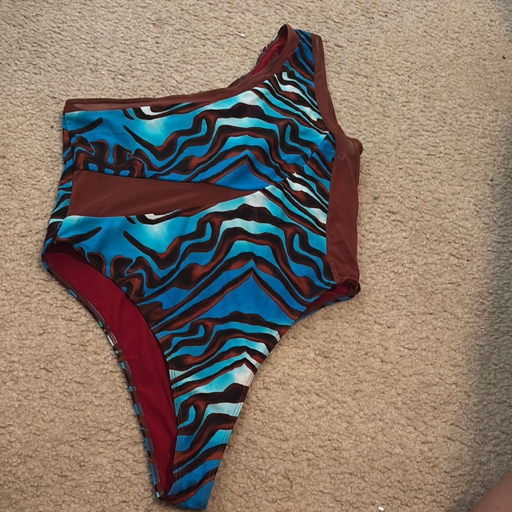Blue and Brown Asymmetrical One-Piece Swimsuit